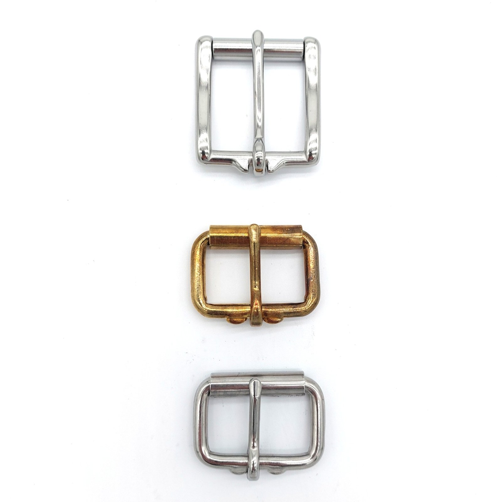 Large Stainless Steel, Small Stainless Steel, and small brass belt buckles